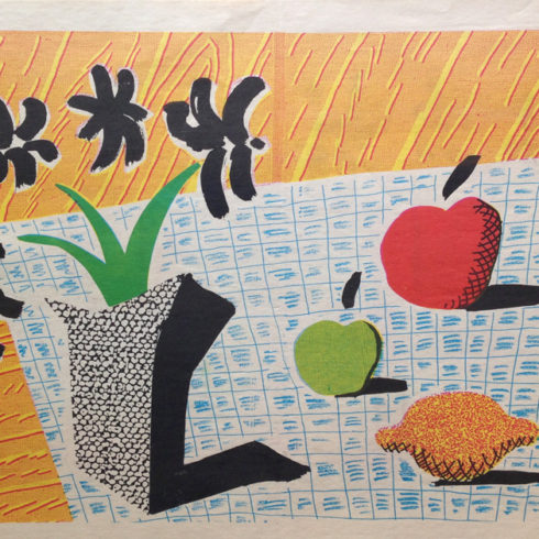 two apples, one lemon and four flowers by david hockney